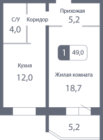 Продаётся 1-комнатная квартира, 48.4 м²