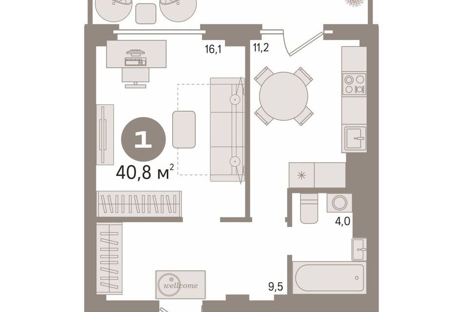 Продаётся 1-комнатная квартира, 40.8 м²