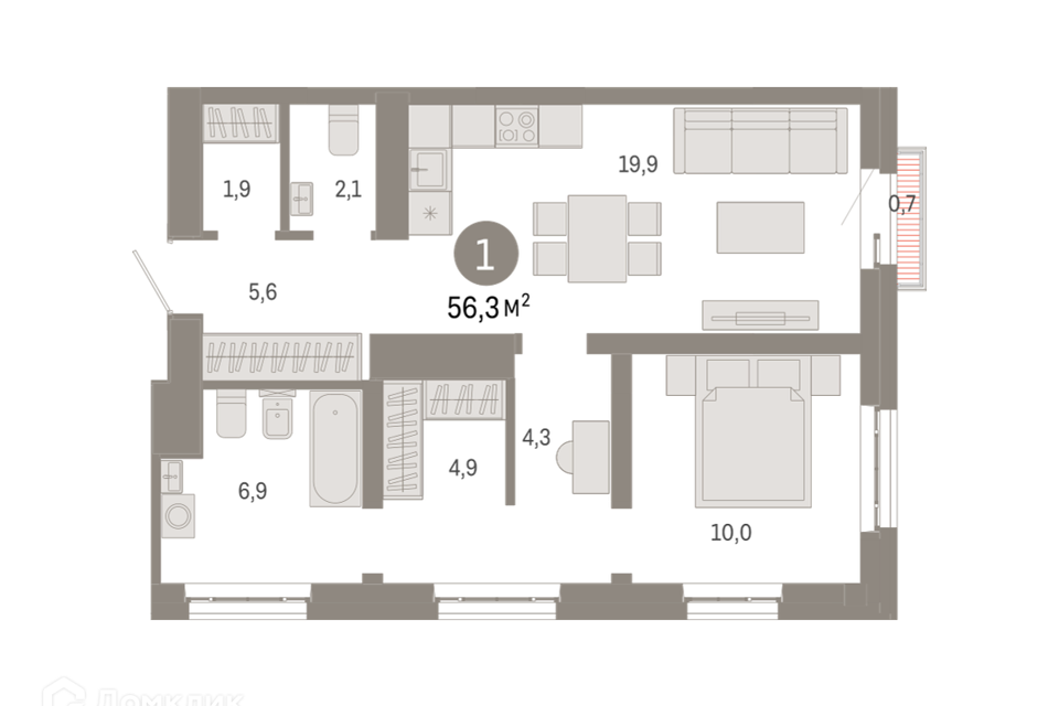 Продаётся 1-комнатная квартира, 56.3 м²