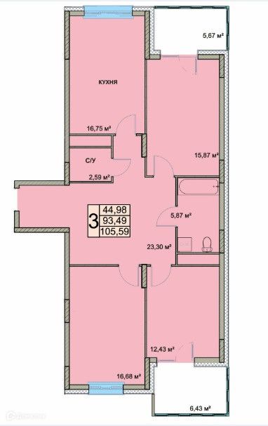 Продаётся 3-комнатная квартира, 105.59 м²