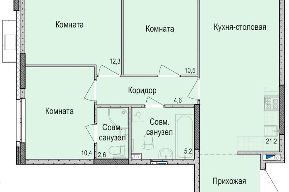 Продаётся 3-комнатная квартира, 72.4 м²