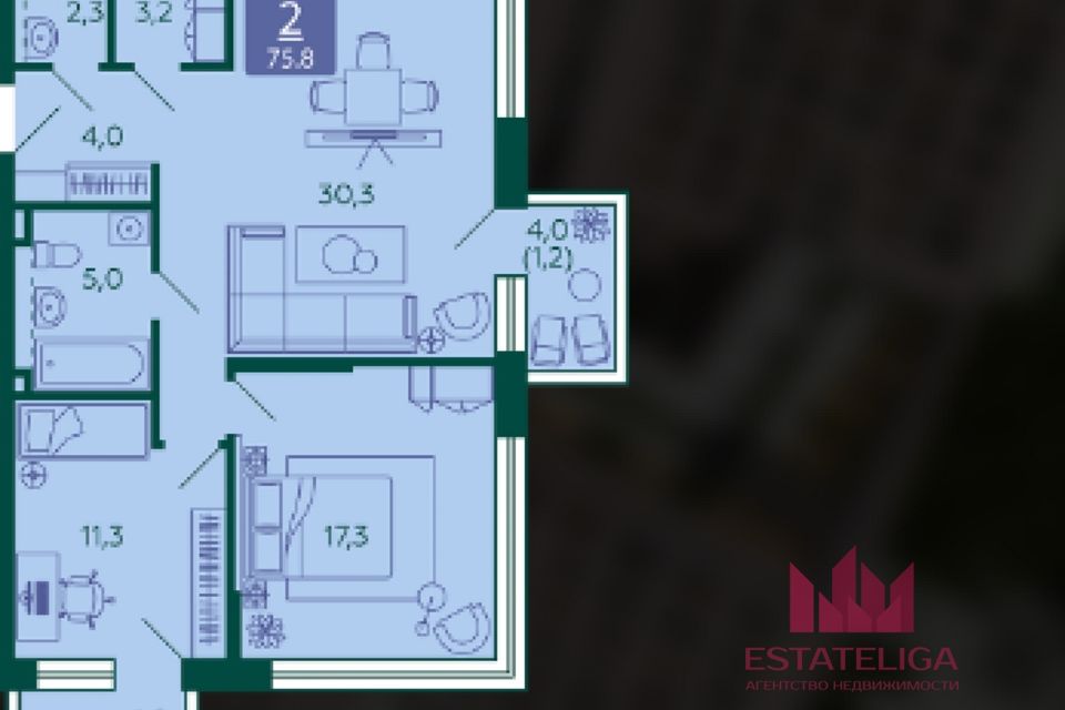 Продаётся 2-комнатная квартира, 76 м²