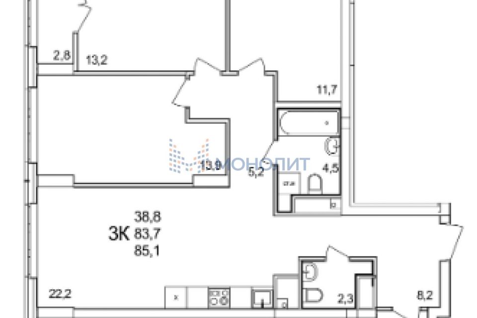 Продаётся 3-комнатная квартира, 85.1 м²