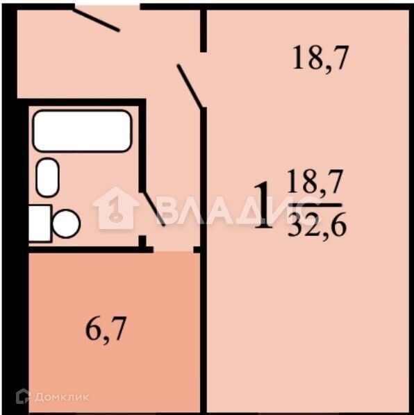 Продаётся 1-комнатная квартира, 32.7 м²