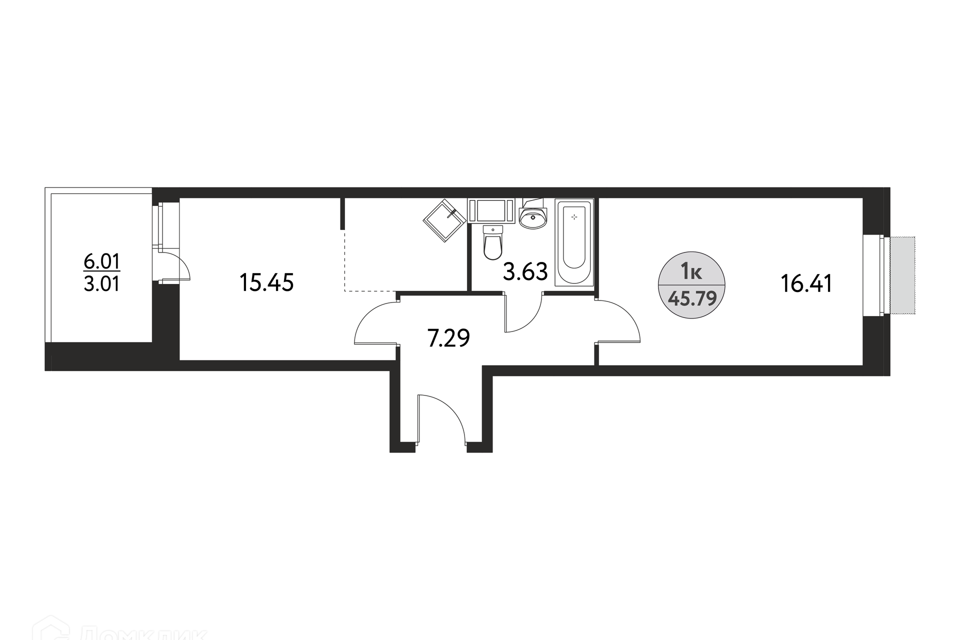 Продаётся 1-комнатная квартира, 45.79 м²