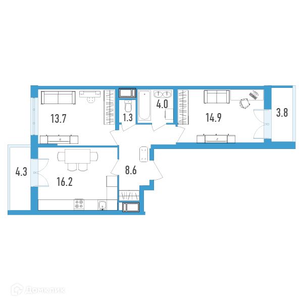 Продаётся 2-комнатная квартира, 62.8 м²