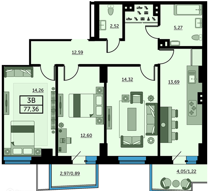 Продаётся 3-комнатная квартира, 77.4 м²
