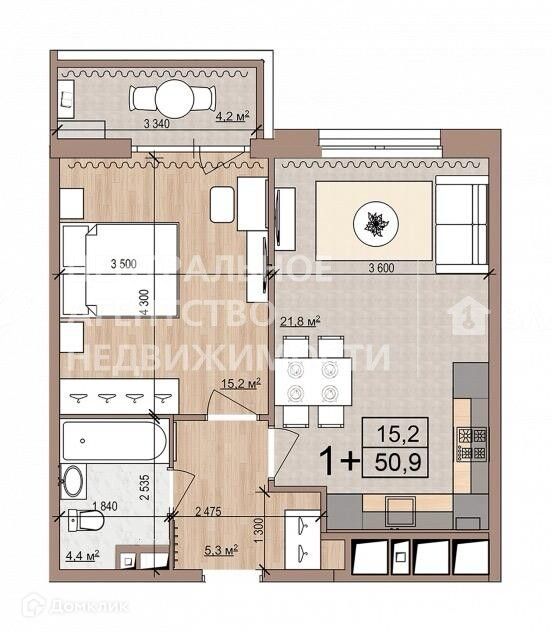 Продаётся 1-комнатная квартира, 50.9 м²