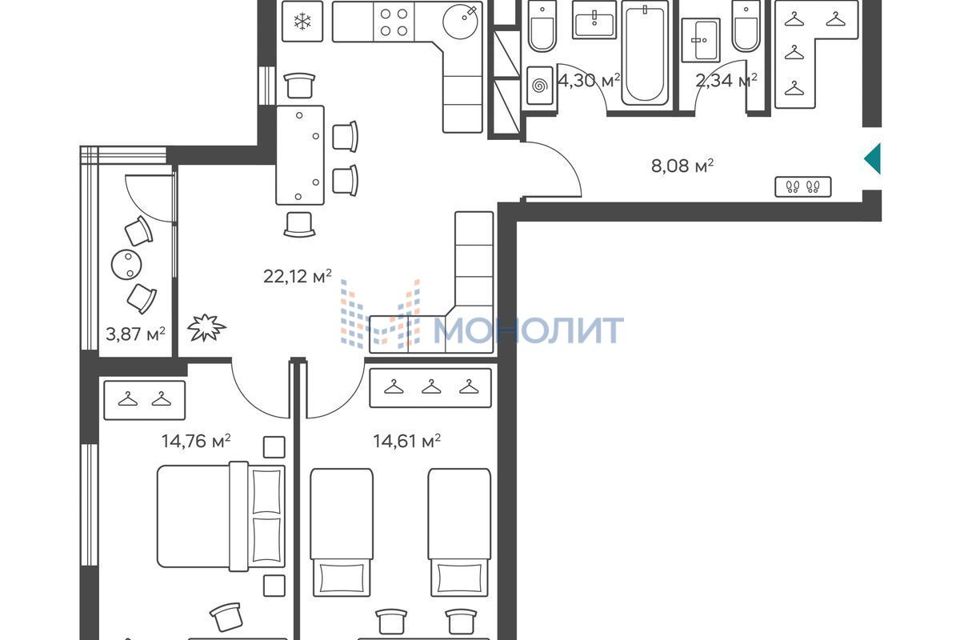 Продаётся 2-комнатная квартира, 71.2 м²