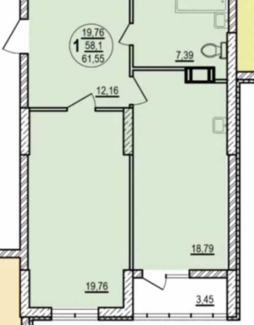 Продаётся 1-комнатная квартира, 61 м²