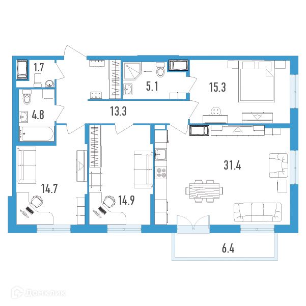 Продаётся 3-комнатная квартира, 103.1 м²