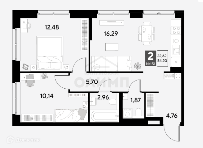Продаётся 2-комнатная квартира, 54.2 м²