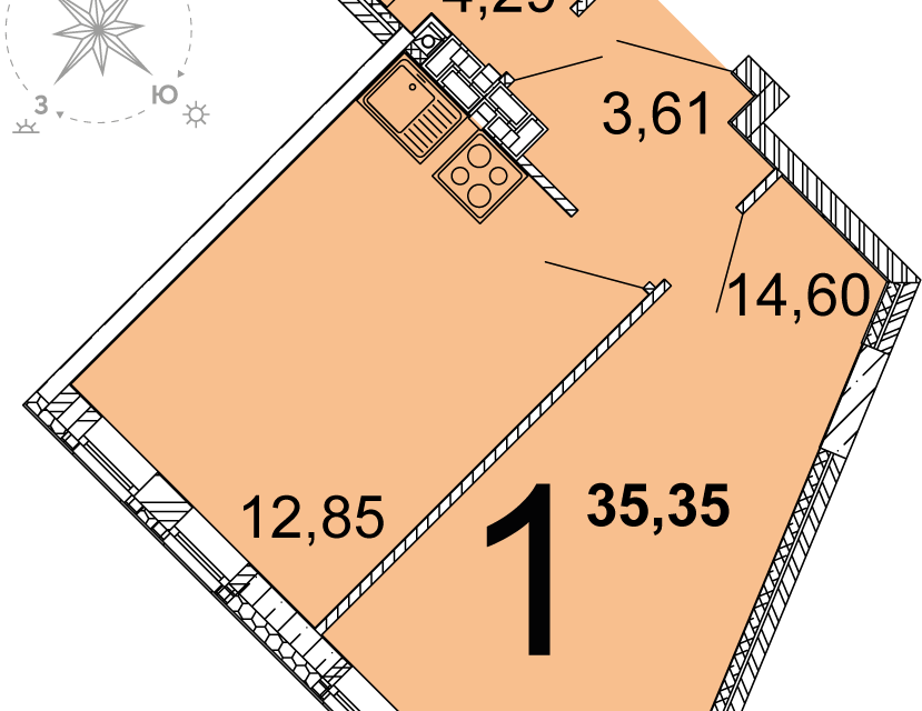 Продаётся 1-комнатная квартира, 35.2 м²
