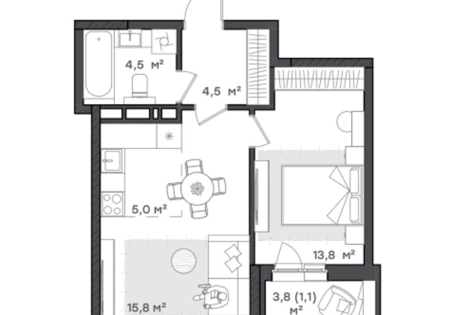 Продаётся 1-комнатная квартира, 44.3 м²
