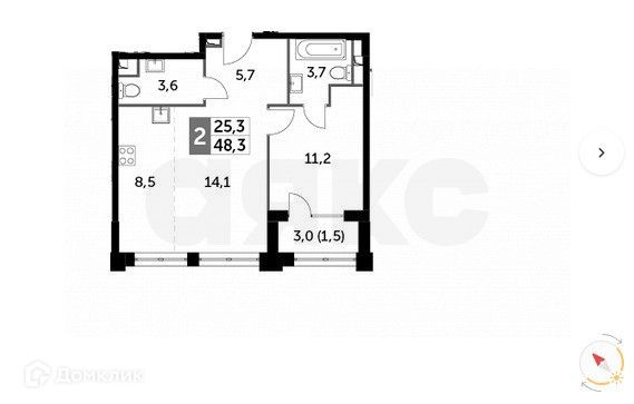 Продаётся 2-комнатная квартира, 48.3 м²