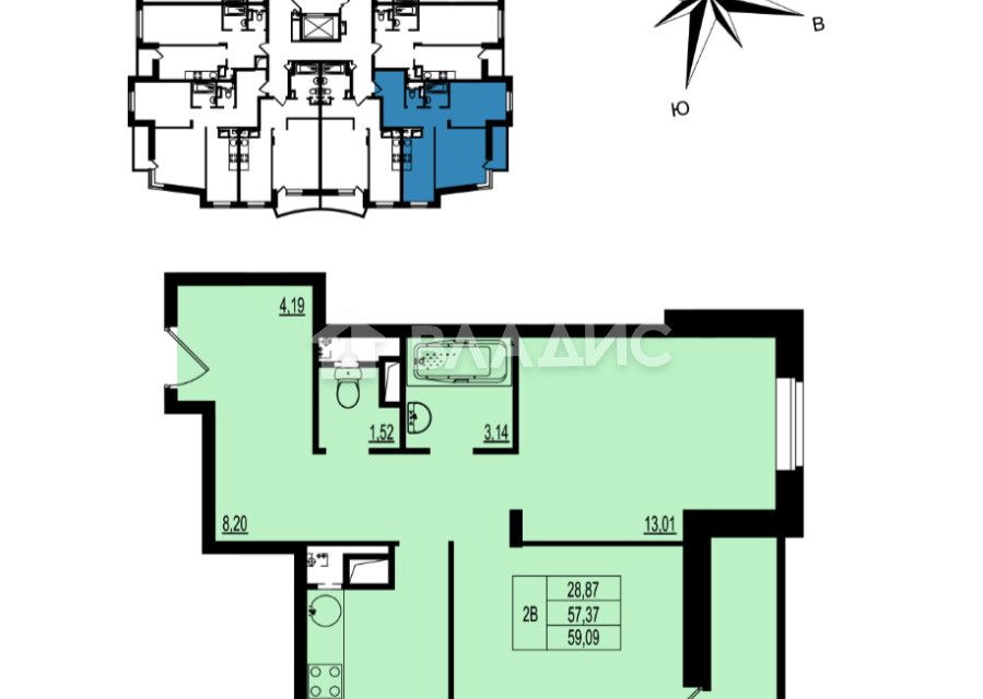Продаётся 2-комнатная квартира, 58 м²