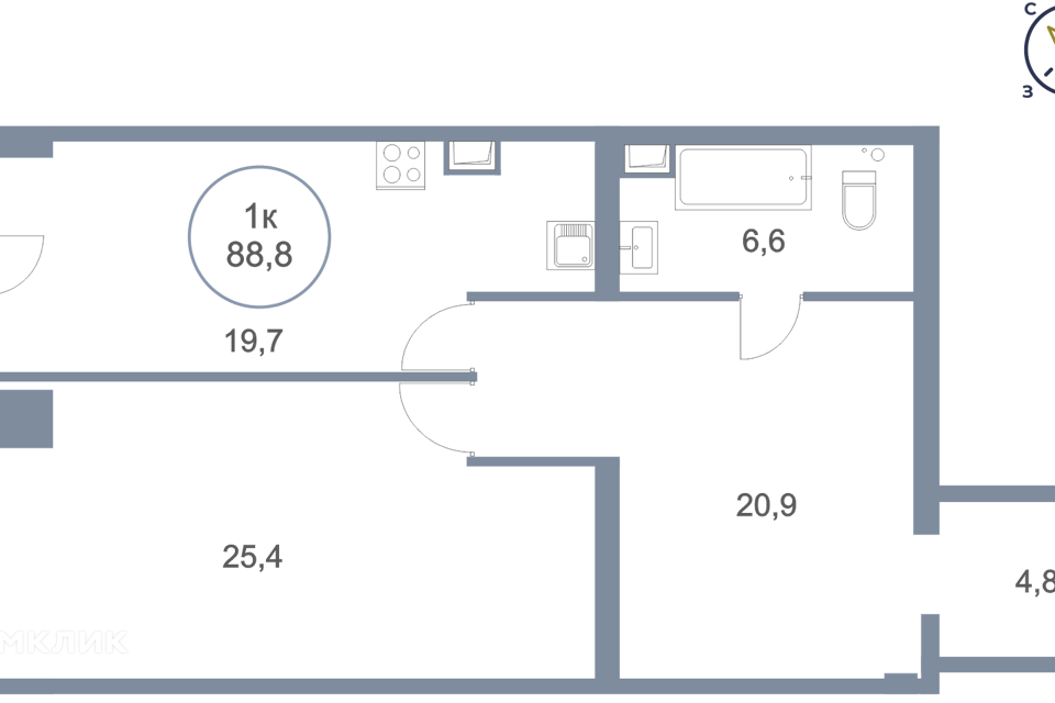 Продаётся 1-комнатная квартира, 88.8 м²