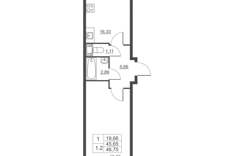 Продаётся 1-комнатная квартира, 45.3 м²