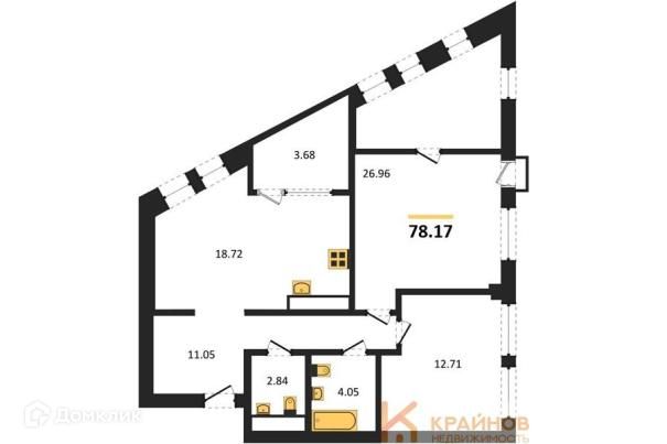 Продаётся 2-комнатная квартира, 78.17 м²