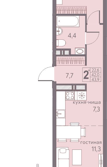 Продаётся 2-комнатная квартира, 43.9 м²