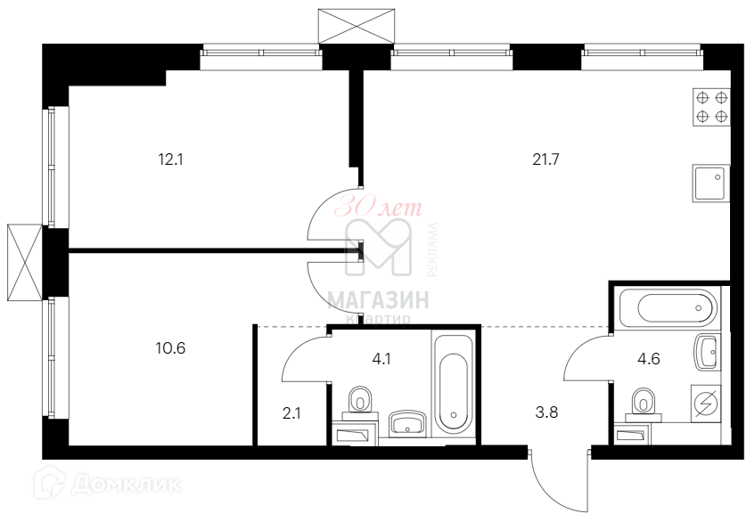Продаётся 2-комнатная квартира, 59 м²