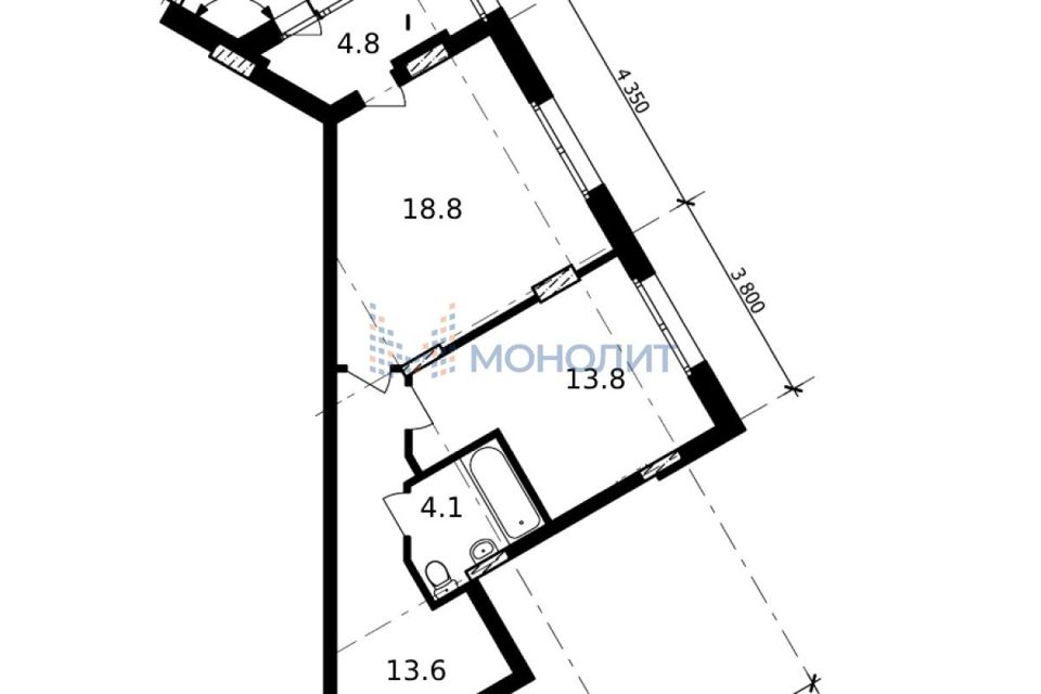 Продаётся 1-комнатная квартира, 60.85 м²