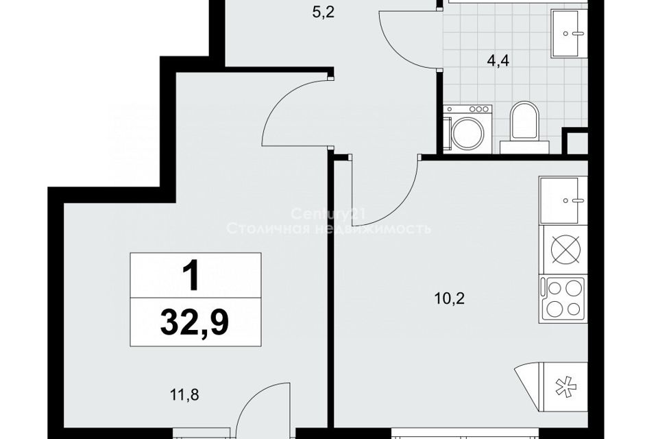 Продаётся 1-комнатная квартира, 32.9 м²