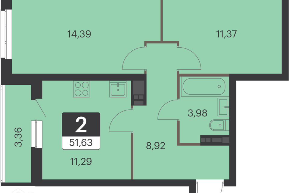 Продаётся 2-комнатная квартира, 51.3 м²