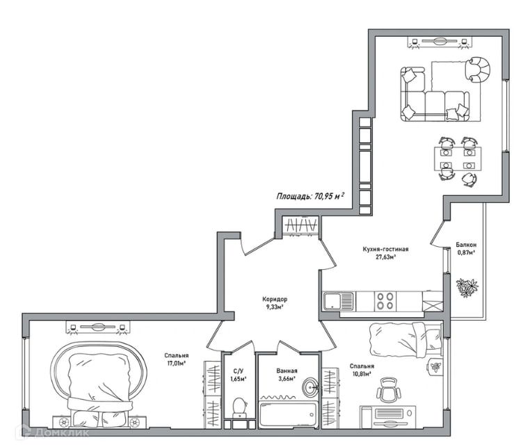 Продаётся 3-комнатная квартира, 70.95 м²