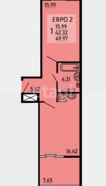 Продаётся 1-комнатная квартира, 49.97 м²