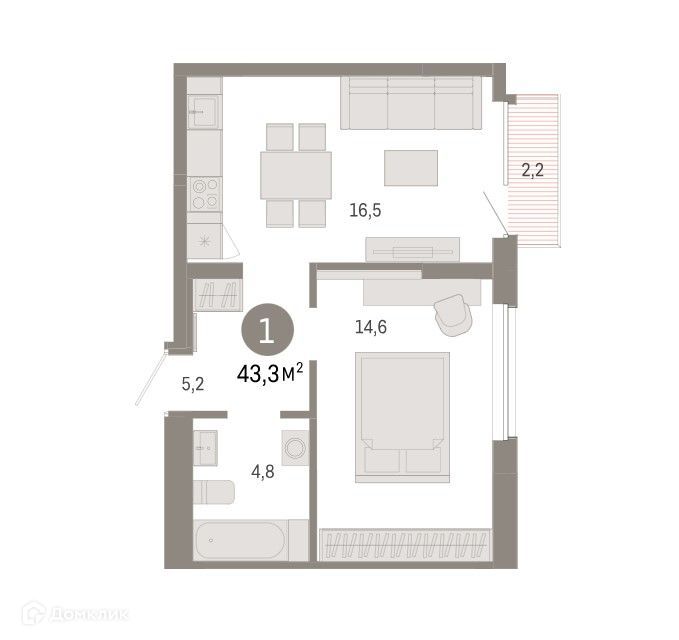 Продаётся 1-комнатная квартира, 43.3 м²