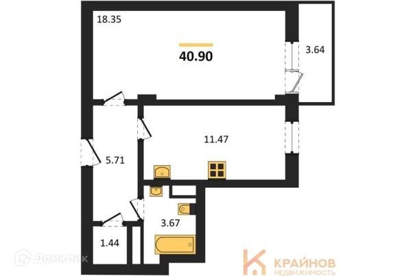 Продаётся 1-комнатная квартира, 40.9 м²