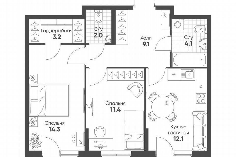 Продаётся 2-комнатная квартира, 57 м²