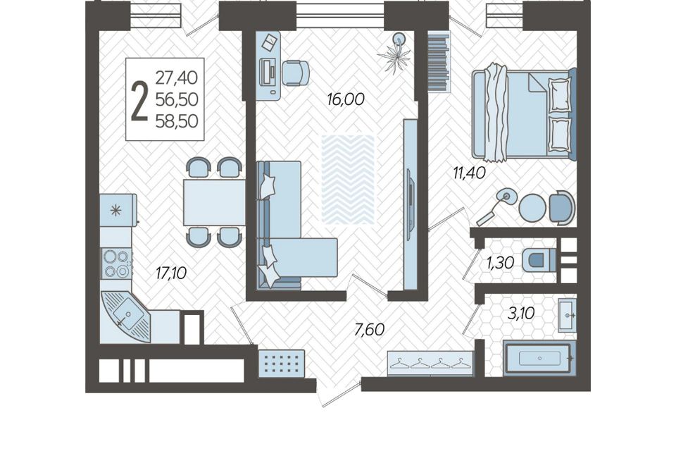 Продаётся 2-комнатная квартира, 59.71 м²