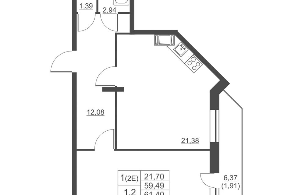 Продаётся 1-комнатная квартира, 59.2 м²