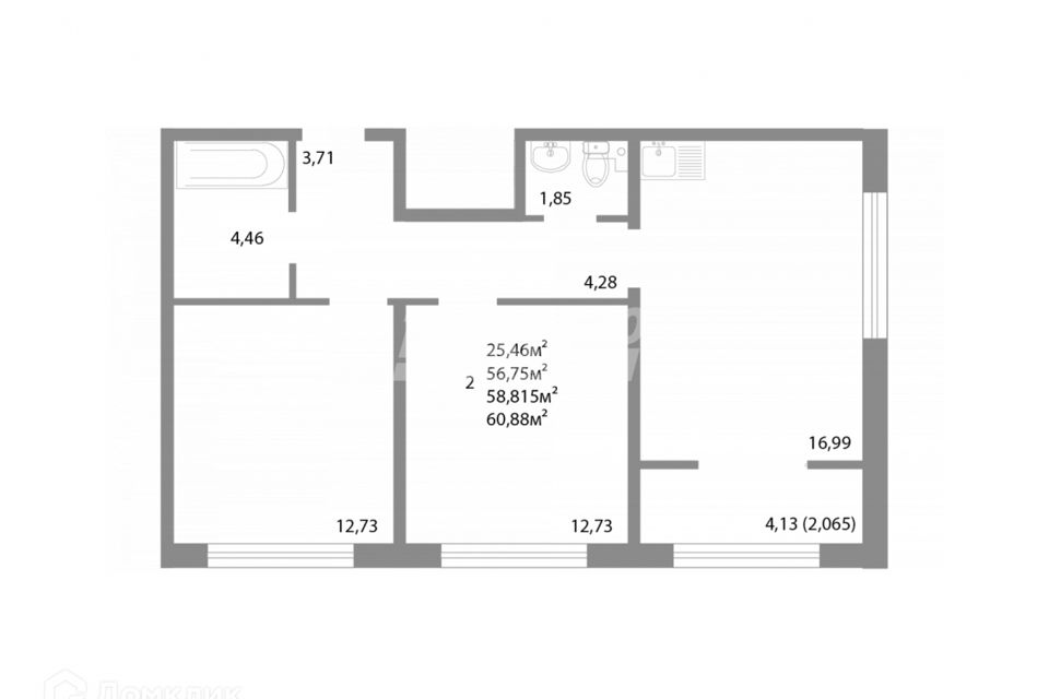 Продаётся 2-комнатная квартира, 58.82 м²