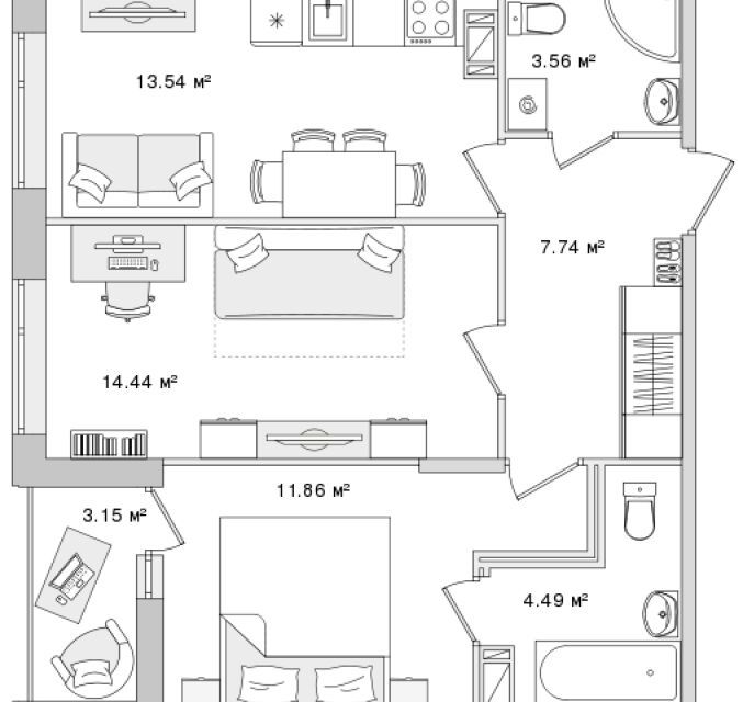Продаётся 2-комнатная квартира, 58.78 м²