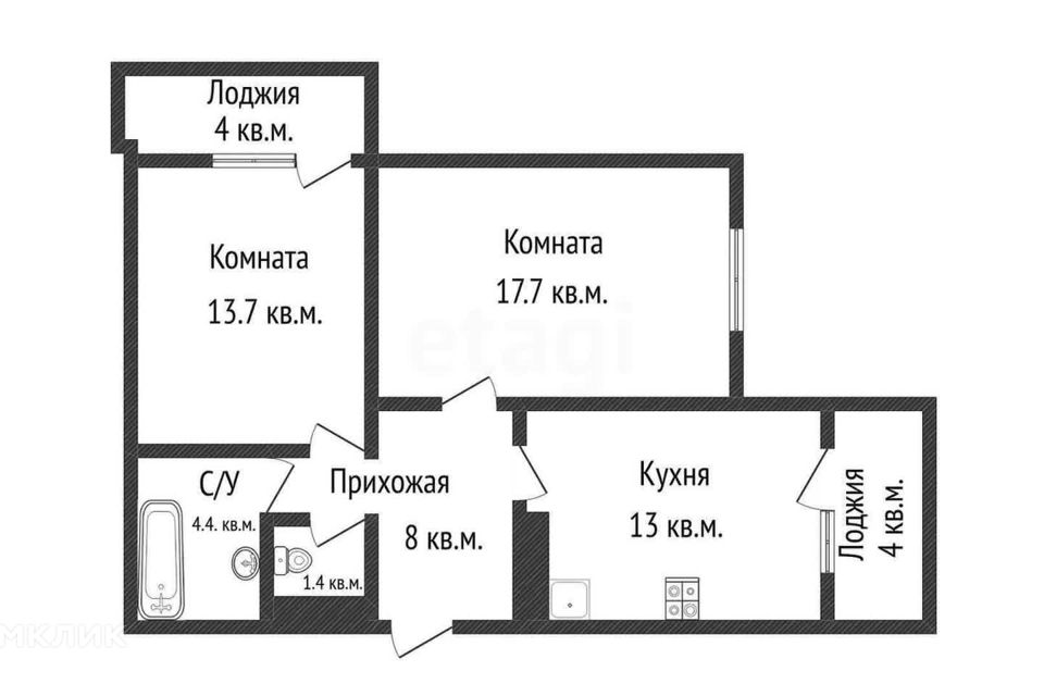 Продаётся 2-комнатная квартира, 58.2 м²