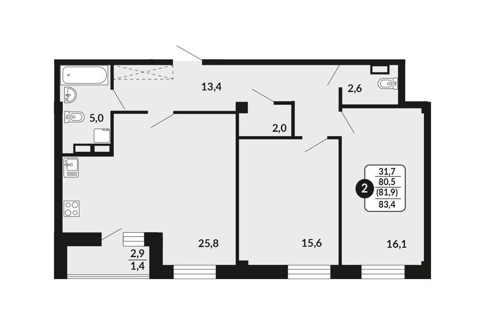 Продаётся 2-комнатная квартира, 81.9 м²