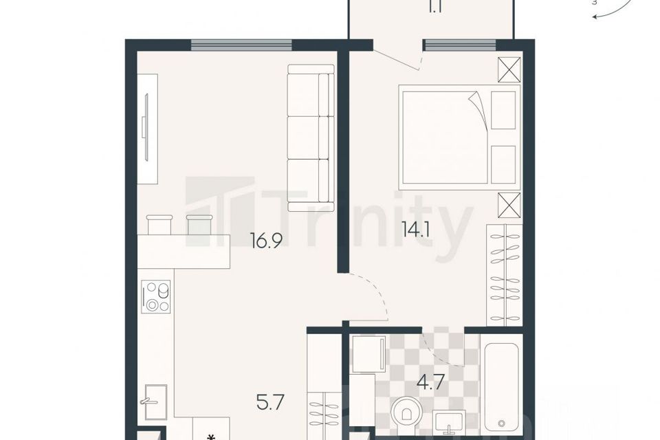 Продаётся 1-комнатная квартира, 42.5 м²