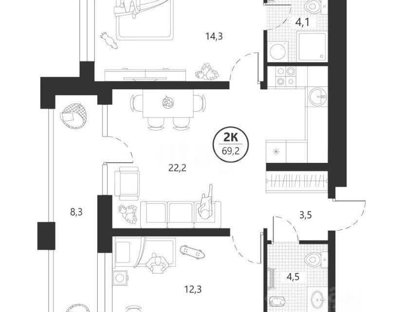 Продаётся 2-комнатная квартира, 69.2 м²
