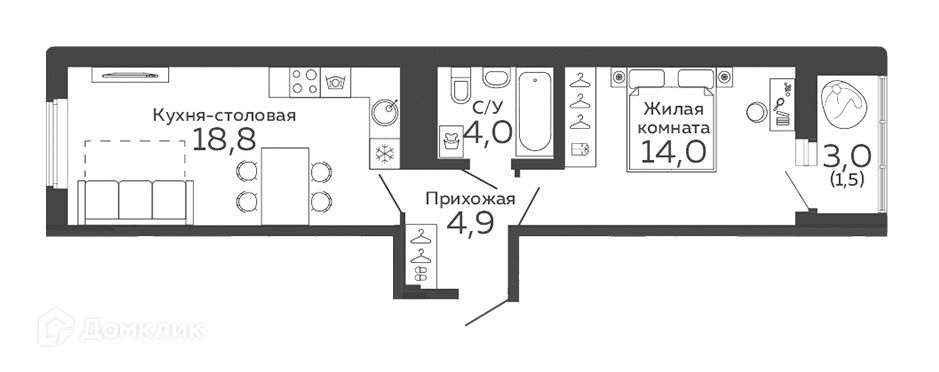 Продаётся 1-комнатная квартира, 43 м²