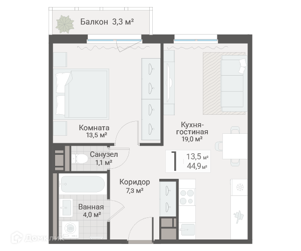 Продаётся 1-комнатная квартира, 44.9 м²