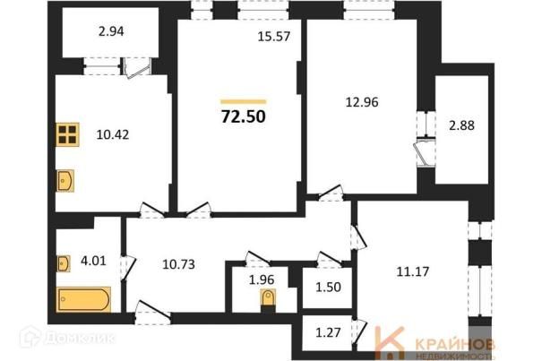 Продаётся 3-комнатная квартира, 72.5 м²