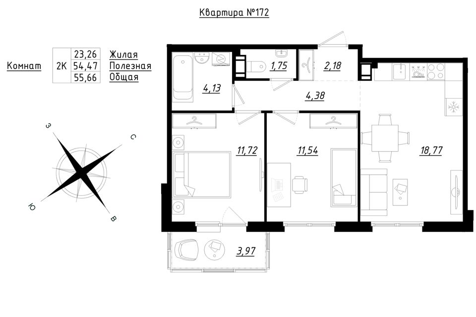 Продаётся 2-комнатная квартира, 55.66 м²