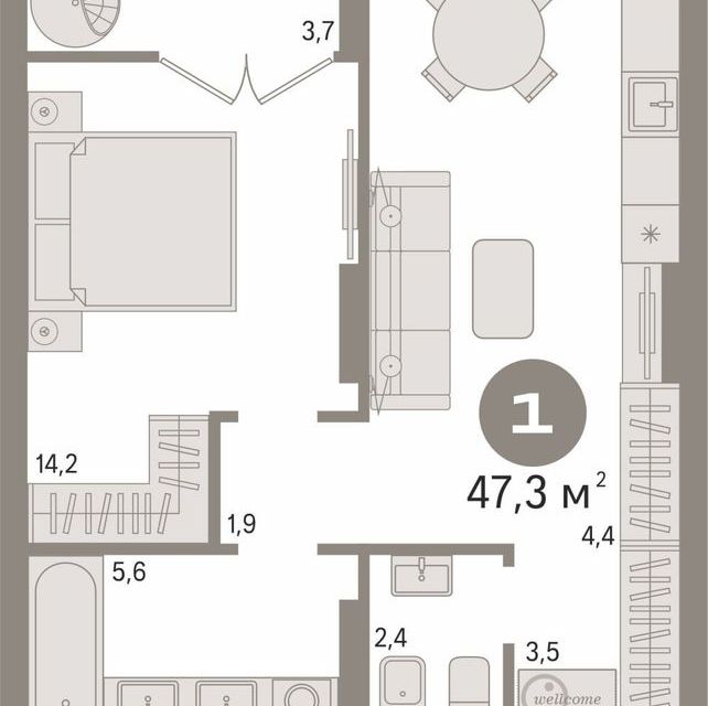 Продаётся 1-комнатная квартира, 47.3 м²