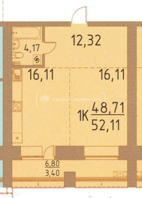 Продаётся 2-комнатная квартира, 52.1 м²