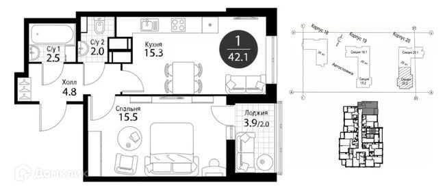 Продаётся 1-комнатная квартира, 42.2 м²