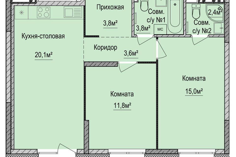 Продаётся 2-комнатная квартира, 61.2 м²