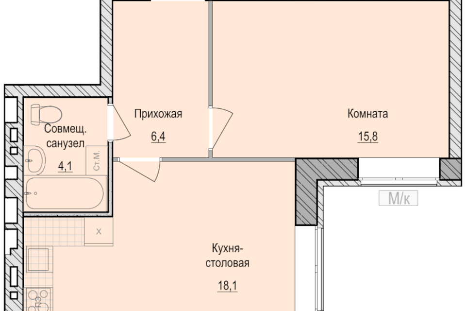 Продаётся 1-комнатная квартира, 44.4 м²